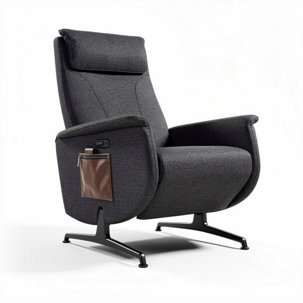 Comfortabele stoelen met opbergzak in donkergrijs stof en metalen basis