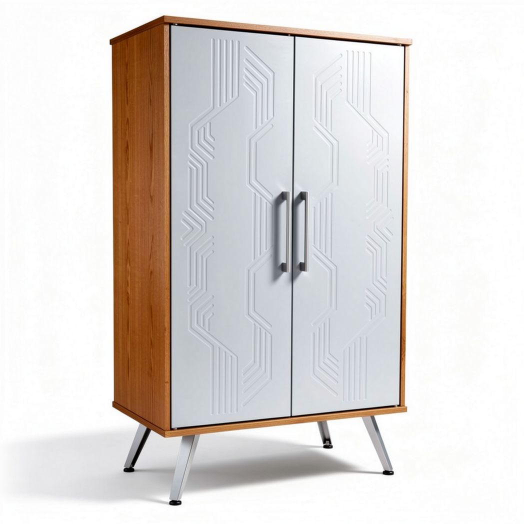 Houten kast met metalen handgrepen en grafische panelen 180 x 90 x 45cm