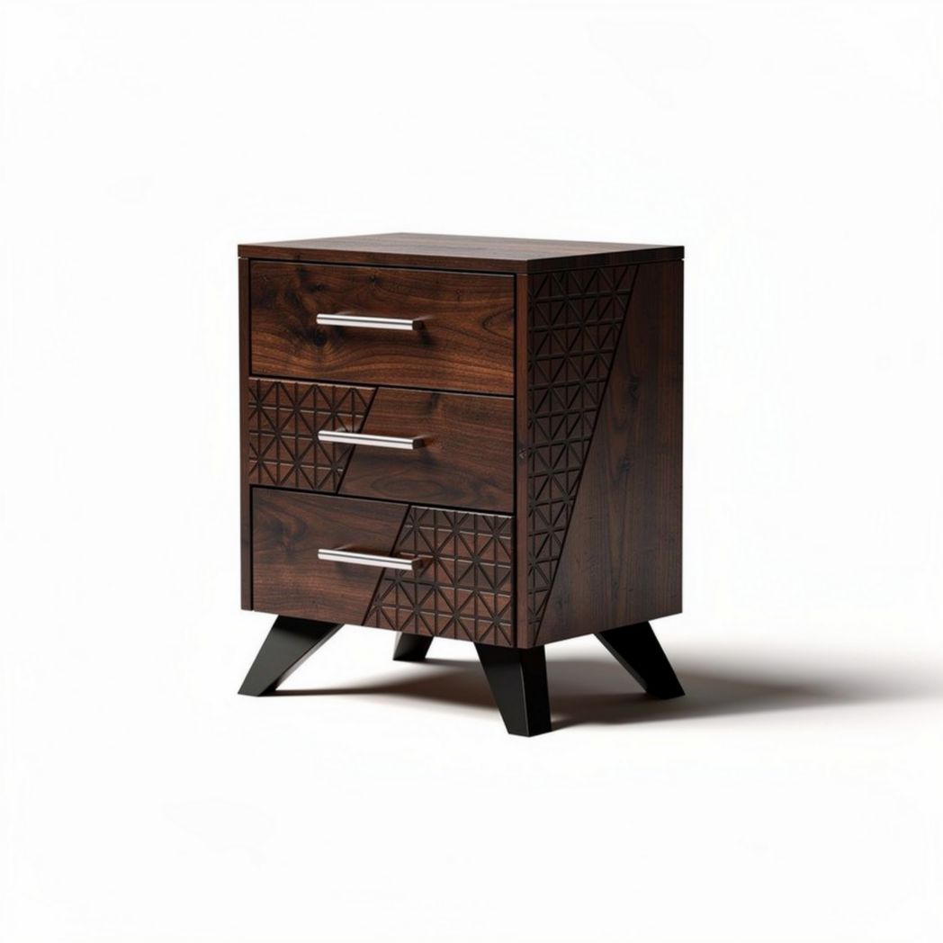 Houten nacht kast met drie lades en geometrisch patroon 40 x 40 x 60cm