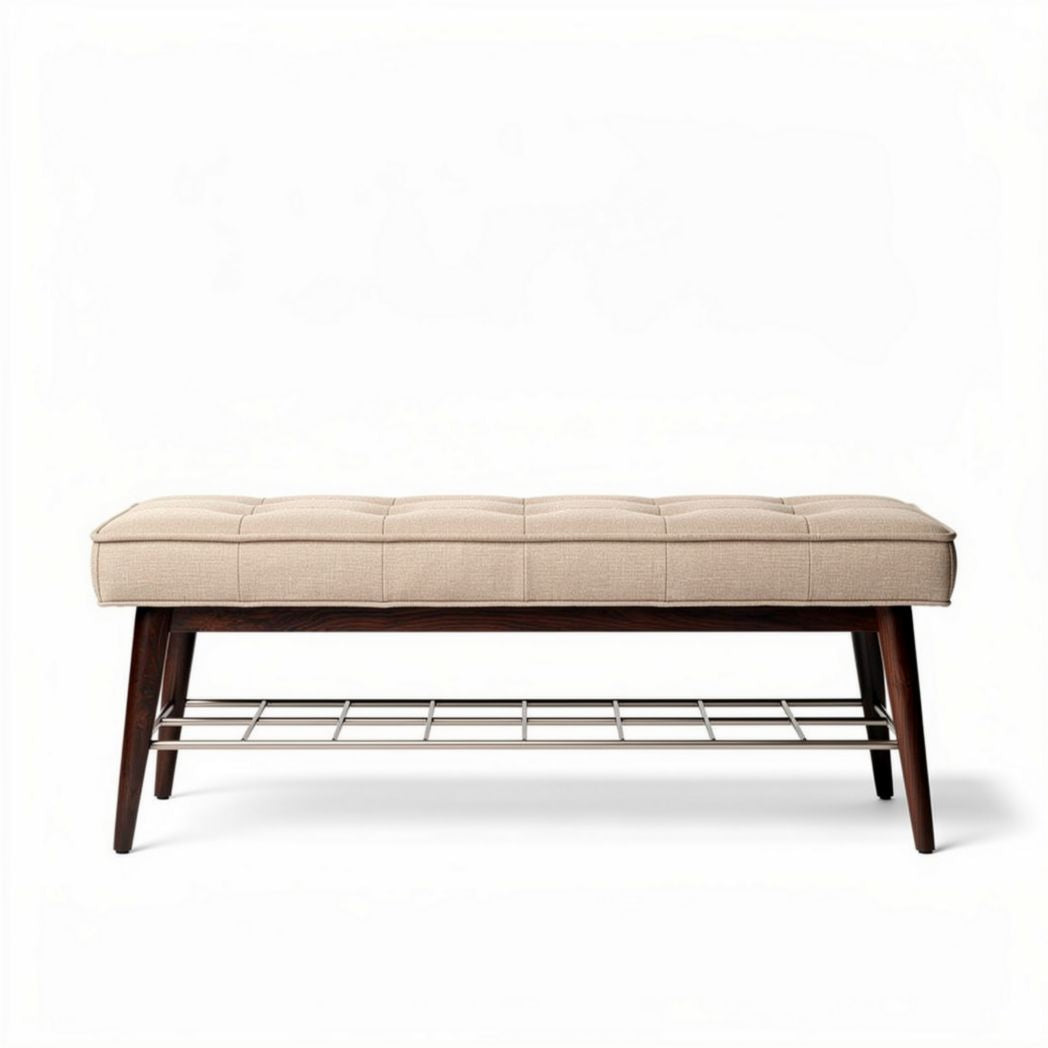 Bankje van stof met houten poten 120 x 50 x 45cm beige