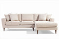 Hoekbank in lichte beige stof met twee kussens en vierkante voeten 230 x 90 x 85cm