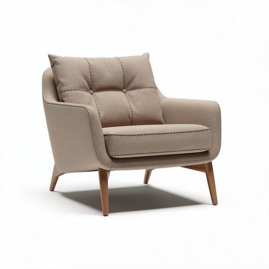 Fauteuil van stof met houten poten en een afmeting van 80 x 80 x 80 cm
