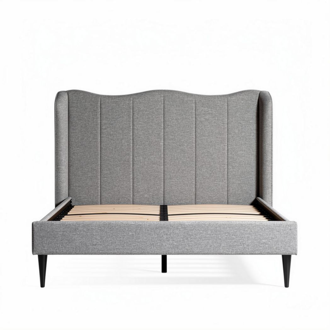 Grijs gestoffeerd bed met hoofdbord en lattenbodem 200 x 160 x 120cm